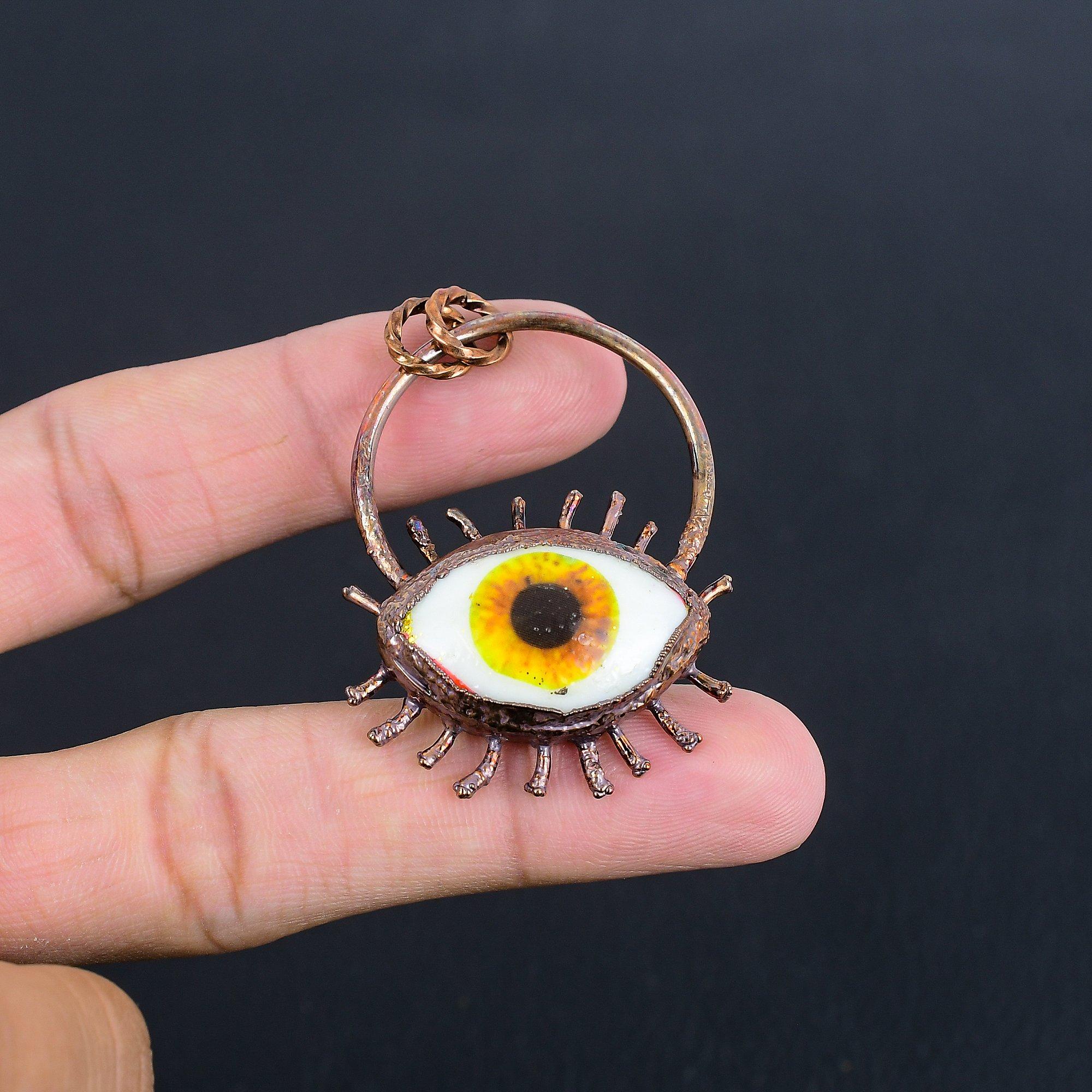 

Yellow Evil Eye Pendant, Copper Electroformed Gemstone Jewelry, Handmade Pendant, For Mother Day 2.55 Inches