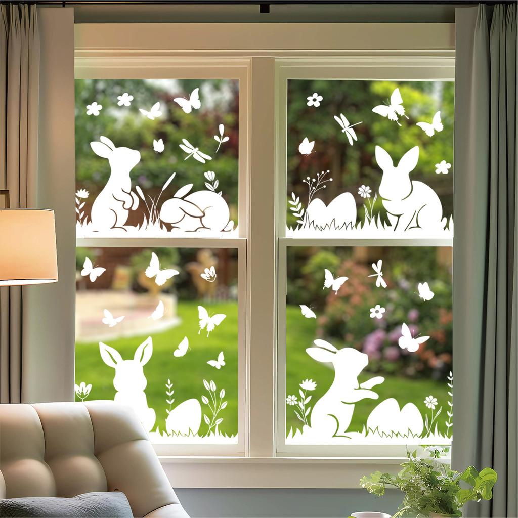 White Bunny Easter Window Clings Static Cling for Glass Home Party Decorations Removable Reusable