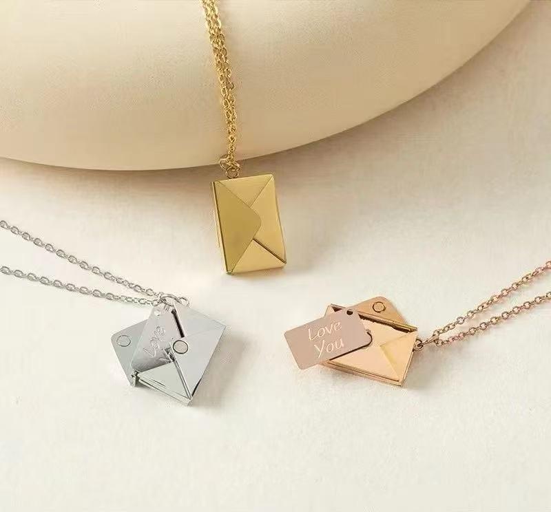 Love Letter Envelope Pendant Couple Necklace - European & American Style, Titanium Steel, Creative Design