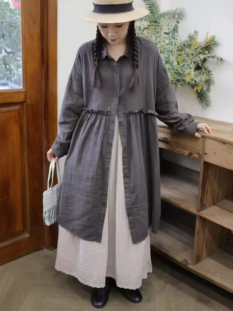 

Johnature Винтажная длинная рубашка женская весенняя заклинание грибок край свободный отложной воротник женские топы One Size серый