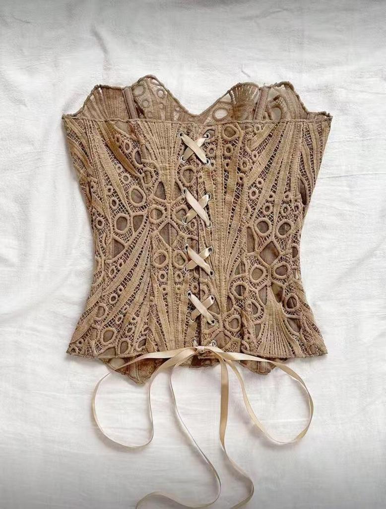 European & American Lace Corset: Hollow-Out Fishbone Bustier Top with French Print