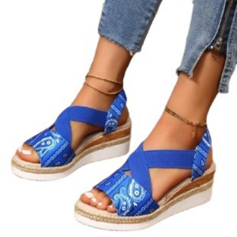 Sommer neue elastische Band flache Sohle Damen Sandalen große Größe leicht Taille Hanfseil dicke Sohle Keilabsatz Sandalen