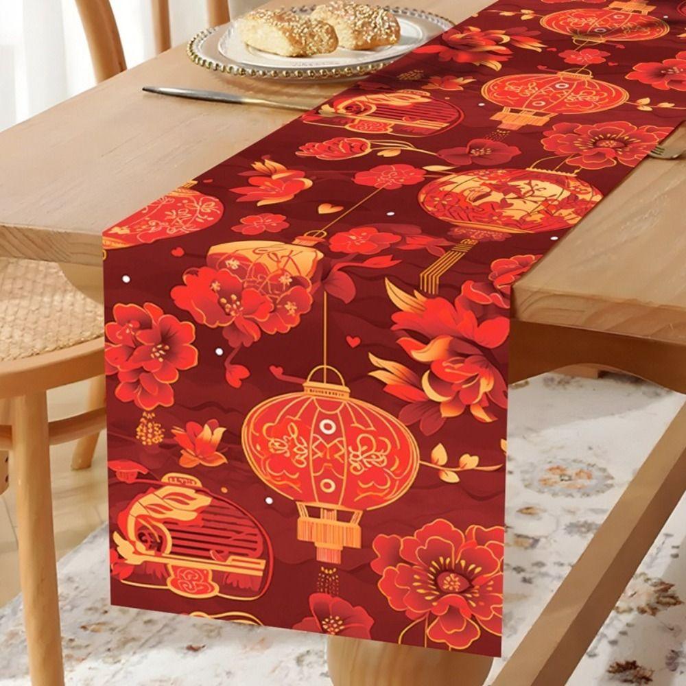Red Golden Color New Year Table Runner Rectangular Shape Lantern Print Table Runner Horse Design Chinese Style Tablecloth
