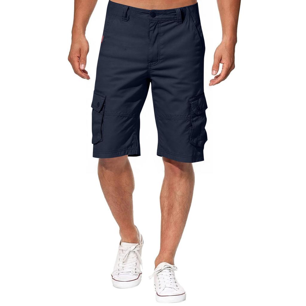 Men's Solid Color Work Pants, Cotton Six Quarter Pants, Retro Washed Multi Pocket Straight Leg Work Pants