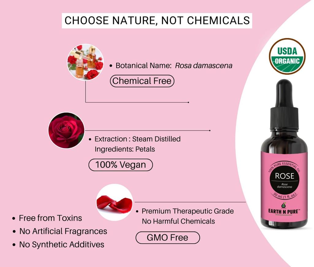 Earth N Pure Rose (Gulab Oil) Essential Oil Natural and Therapeutic Grade with Glass Dropper 15 Ml