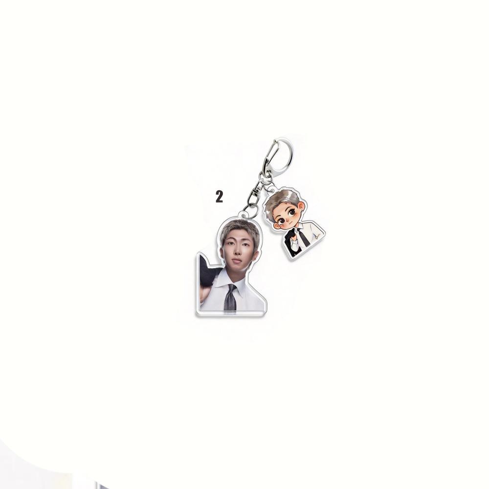 BTS Double Charm Keychain, Real Photo & Cartoon Suit Figure Keyring, Kpop ARMY Fans Bag Charm