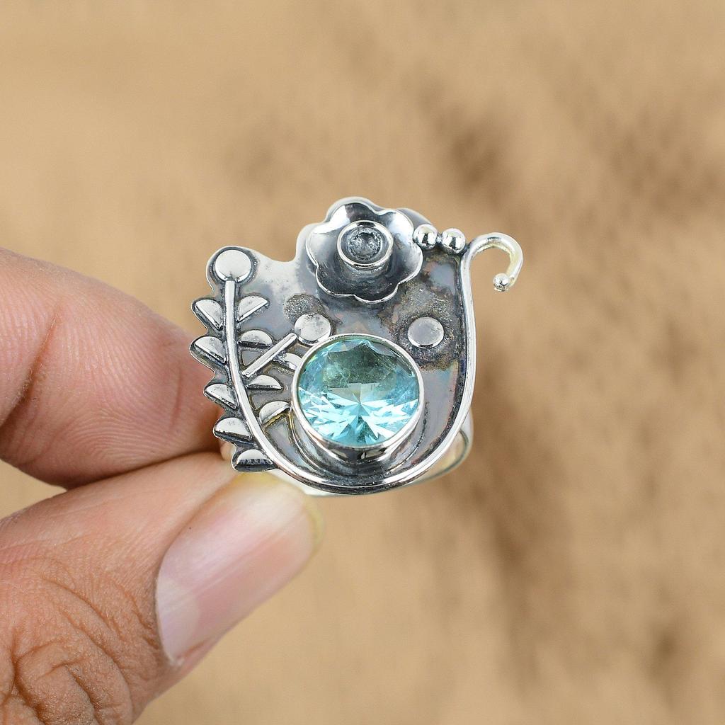 Mothers Day Sale Swiss Blue Topaz Stone Promise Wife Flower Ring Sterling Silver