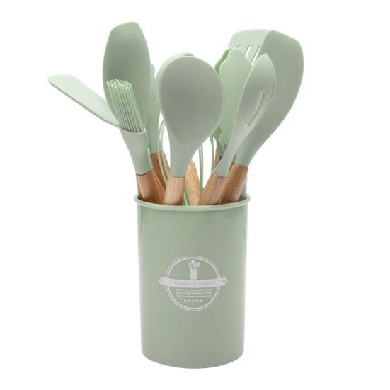 12Pcs Kitchen Utensil Set Wooden Handle Spatula Spoon Brush Whisk Heat-Resistant Silicone Cooking Tools Kit Kitchen Supplies