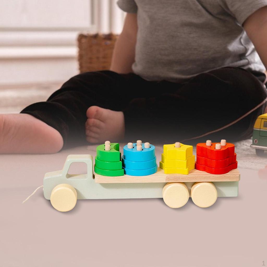 Wooden Building Blocks Vehicle Toy Preschool Shape Sorter Stacking Game Kids