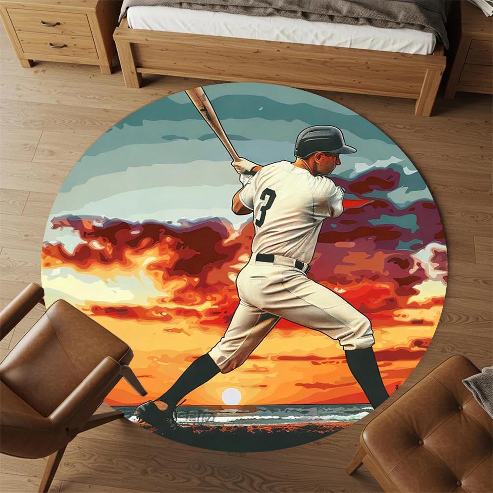 1pc Baseball Player Sunset Round Chair Mat Office Area Rug - Non-Slip, Floor Mat for Office, Bedroom, Ideal Home Decor Gift C0112123