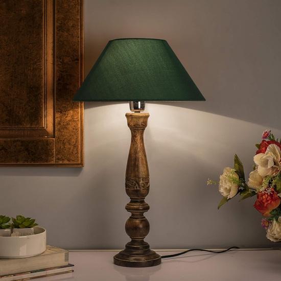 58 Cm Floral Carved Black Wood Table Lamp with Green Shade Bedroom, Dining Room, Hotel Room, Living Room, Office Decorative Bulb Not Included