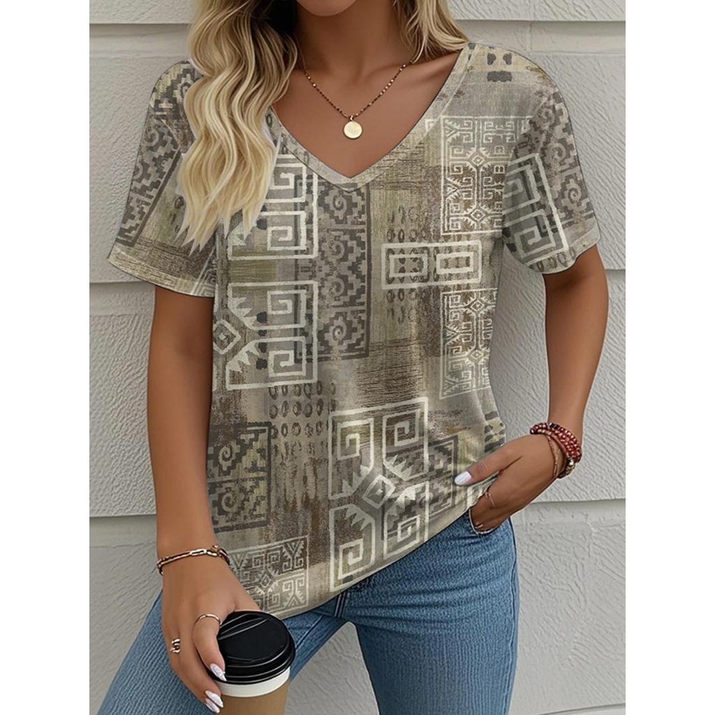 Summer V-neck Vintage 3D Printed Top Fashionable Casual Short Sleeved Women's T-shirts