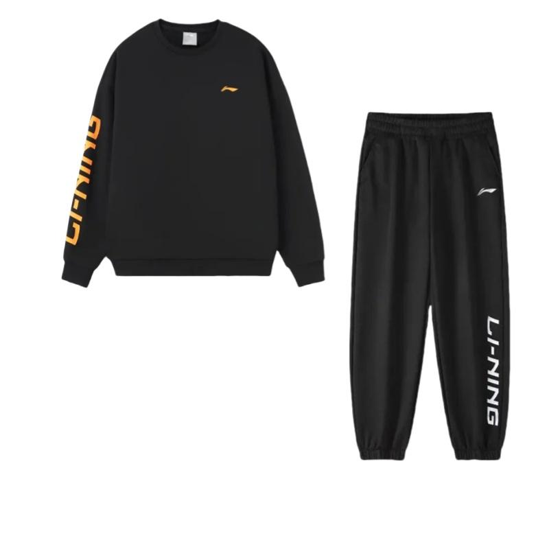 Li-Ning Loose Logo Print Warm Fleece Thick Versatile Hoodie And Pants Casual Sports Set Unisex sweatshirt and pants Black AWDRF44-1+AYKS589-1