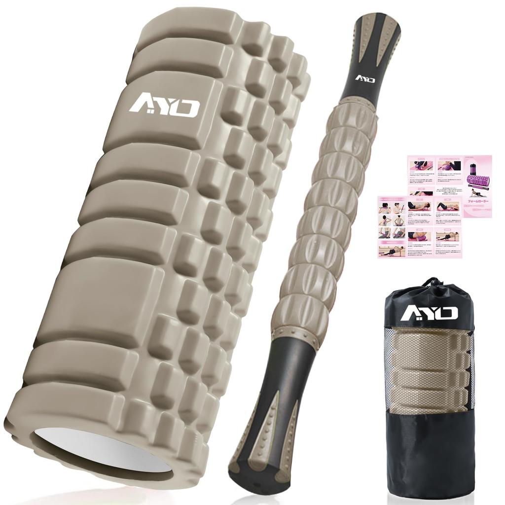 AYO Foam Myofascial Release Massage Myofascial Roller Yoga for Muscle Stretching Instruction Storage Light Brown Roller, Roller, Set, Pole, Legs,