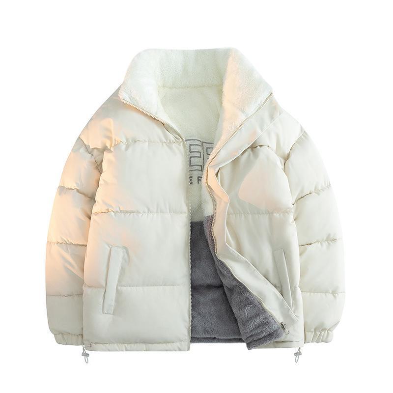 Herre vinterjakke med stående krage i bomull med lammefleece-fôr - avslappet, tykkere stil for par