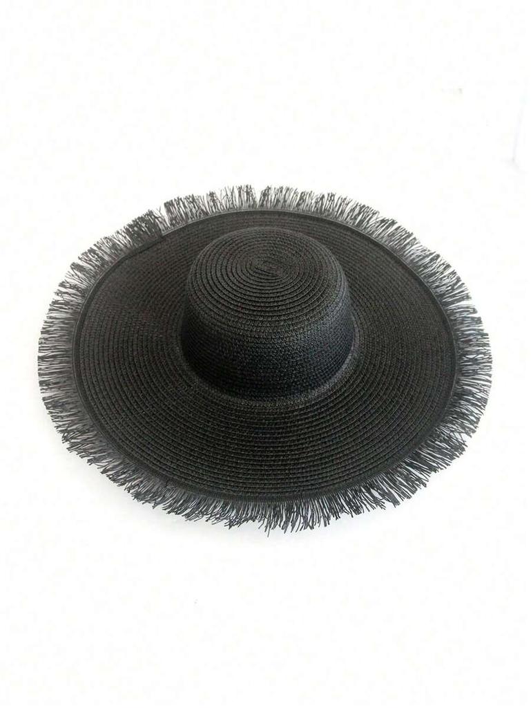 Womens Large Brim Woven Straw Sun Hat With Fringe Trim Bohemian Beach Hat Summer