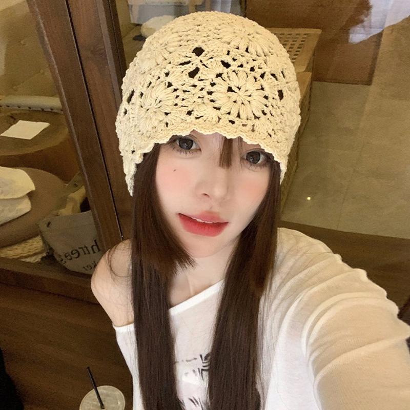 

Women S Solid Color Crochet Hollow Knitted Hat Summer Vintage Beanie хакі