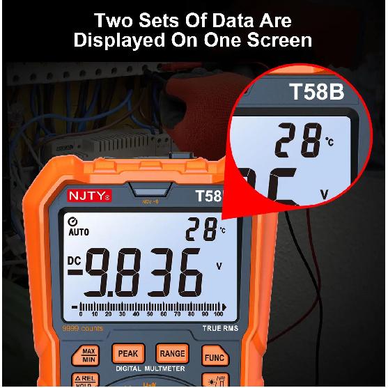 NJTY T58B T58C Inductance Digital Multimeter AUTO Range 9999 Counts Voltage Current Capacitance LED Smart Backlit Large Screen