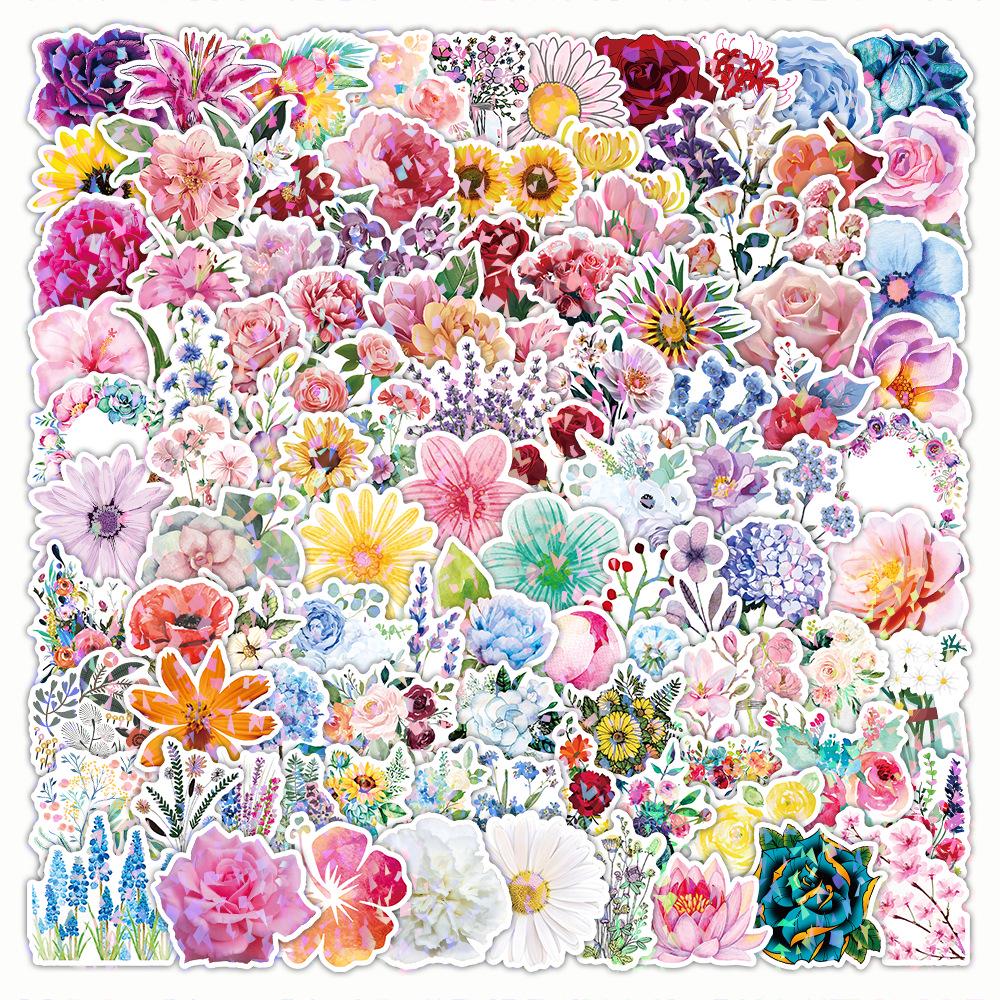 200 шт. Голографические цветочные лазерные блестящие наклейки - Мультяшный стиль с тиснением горячей фольгой для подарочных наборов