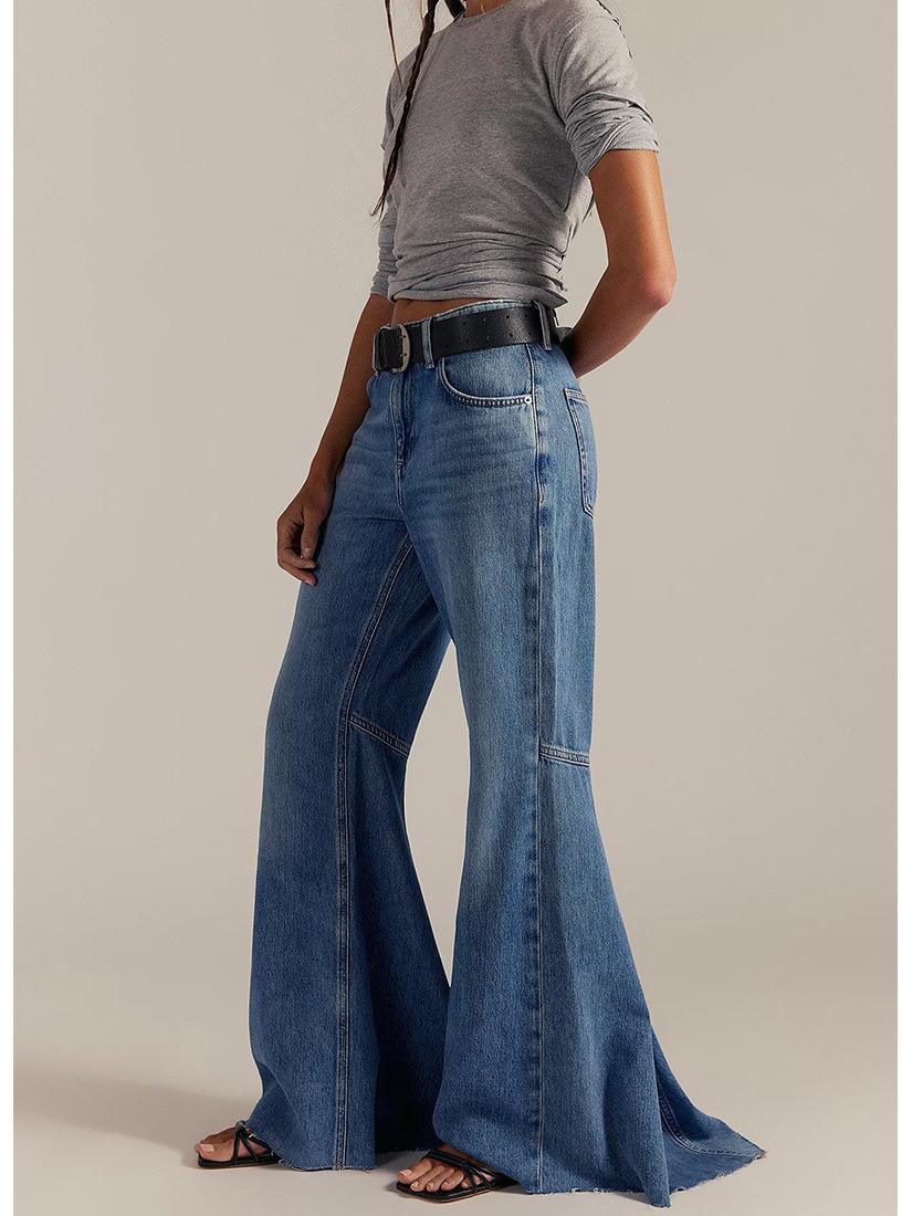 

Women s High-Waisted Patchwork Bell Bottom Denim Pants - Floor-Length Fashionable European American Style Extra Large синий