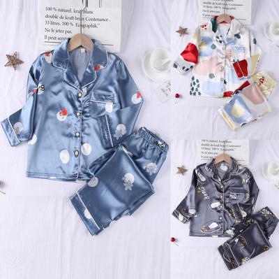 Boys Girls Silk Pajamas Short Sleeves Nightwear Spring Summer 2 Pieces Print
