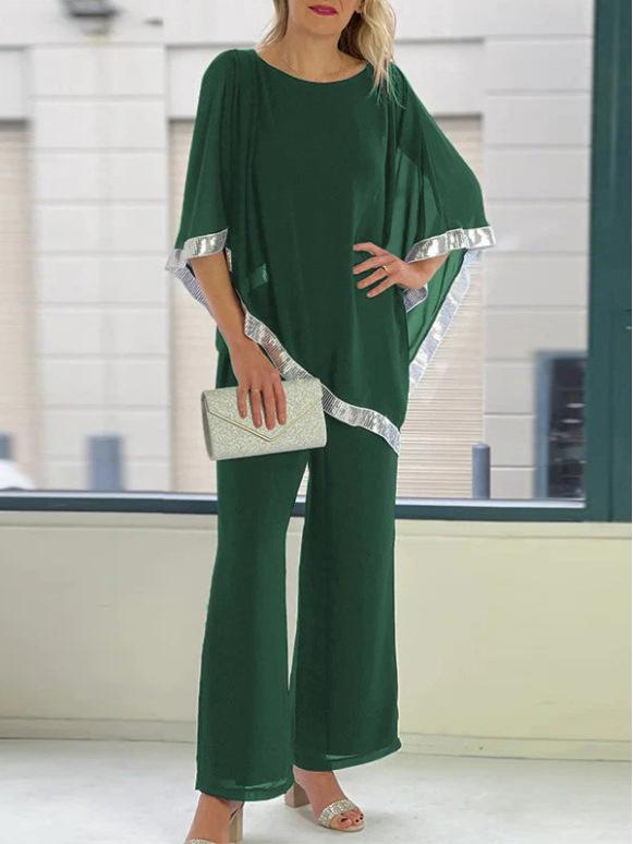 2025 Autumn Sequin Batwing Top & Wide Leg Pants Set - Round Neck, Two-Piece Ensemble