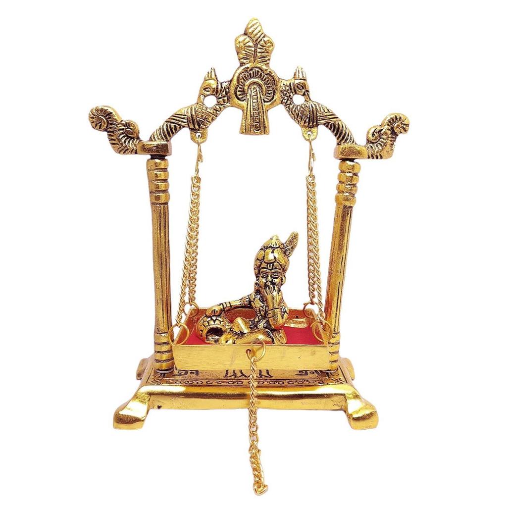 Laddu Gopal On Jhulla Palana Metal Statue Gold Plated Decor Your Home,Office Metal Krishna Murti,Showpiece Figurines,Religious Idol Gift Article.