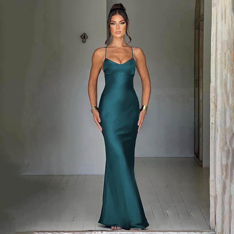 Articat Raso Schiena Nuda Allacciatura Abito Sottoveste Sirena Donna Scollo a Cuore Sexy Slim Abiti Bodycon Elegante Abito di Seta Abbigliamento da Festa