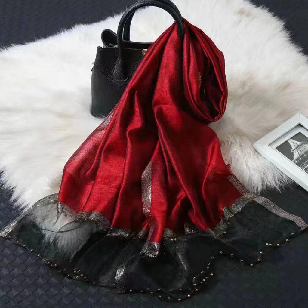 Bufanda Nueva para Mujer Chal Fino con Cuentas Color Sólido Alambre Dorado Bufanda de Gasa Personalizada Bufanda de Seda Imitación Primavera y Otoño