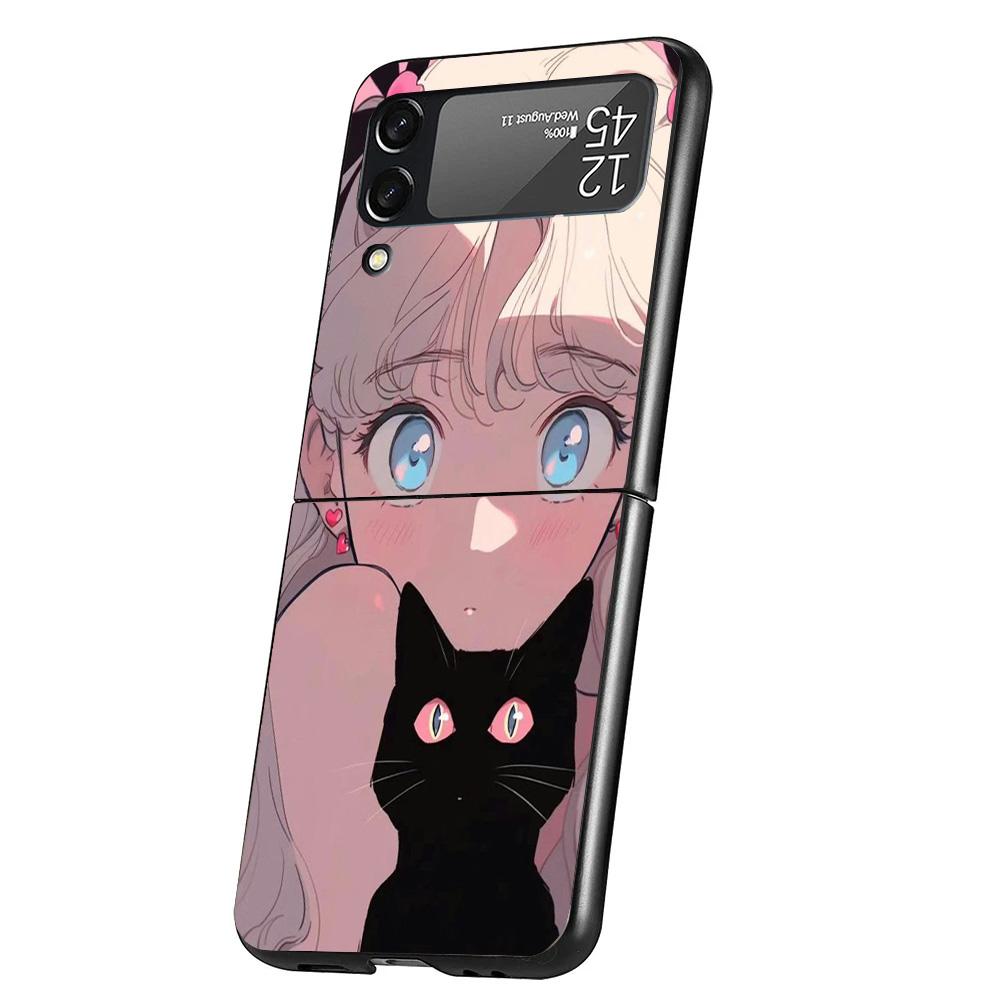 Anime Girls Cute Black Cat Cover Phone Case For Samsung Galaxy Z Flip 7 6 5 4 3 5G Flip7 Flip6 Flip5 Flip4 Flip3 Black Fundas Sh