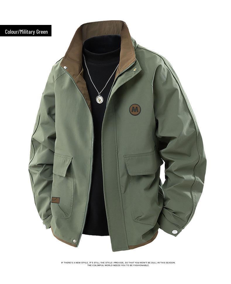 Men's Versatile Casual Stand Collar Jacket - 2025 Spring/Autumn, Loose Fit, Plus Size, Trendy Waterproof Workwear.