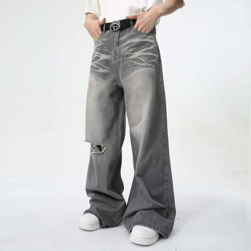 STREETRICH  Men's Wear New Jeans Straight Wide Leg Denim Pants Casual Loose Contrast Color Male Bottoms Clothing