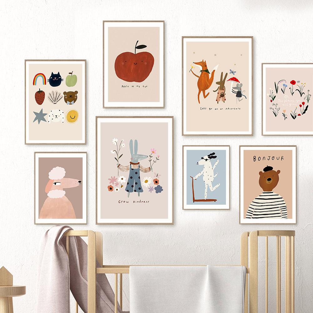 Hund Gans Kaninchen Bär Wildflower Cartoon Poster Obst Apfel Birne Wand Kunst Leinwand Malerei Drucke Bilder Baby Kinder Zimmer Dekor