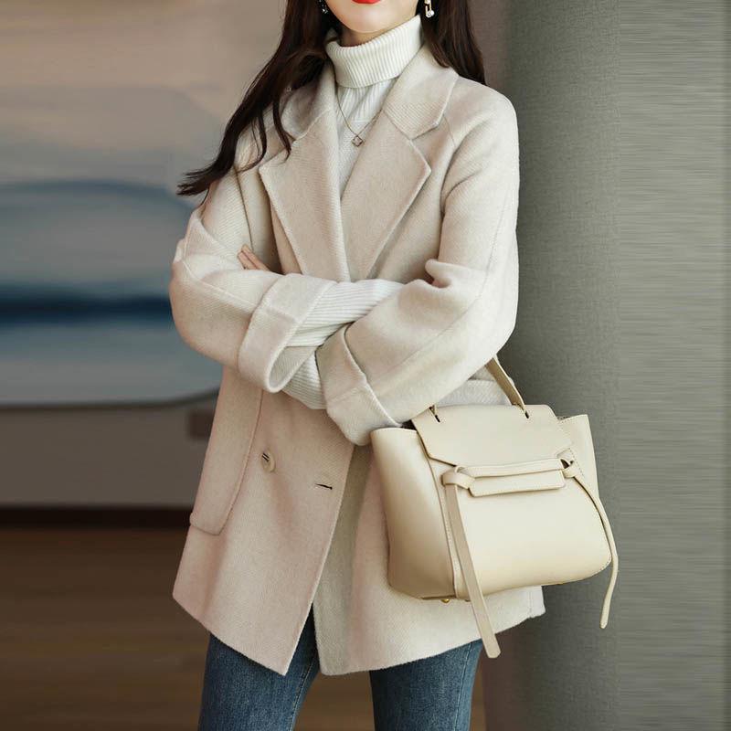 Korean Style Women's Mid-Length Herringbone Wool Coat - Autumn & Winter Fashion