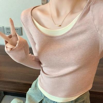 Pure Lust Pink Long-sleeved Bottoming Shirt T-shirt for Women with Contrasting Colors In Fall and Winter U-neck Irregular Inner Top