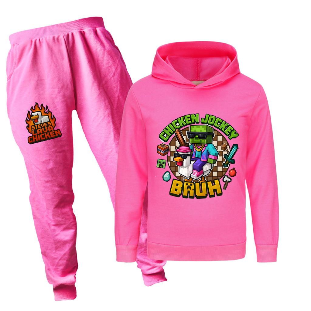 Minecraft Hühner-Jockey Kinder Cartoon Hoodie und Hose Set Aus Baumwolle Für Lässige Winterkleidung