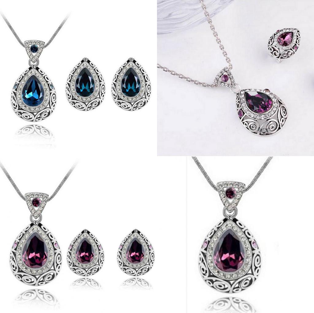 Fashion Women Purple Color Classic Genuine Pear Cut Pendant Necklace And Earring Set