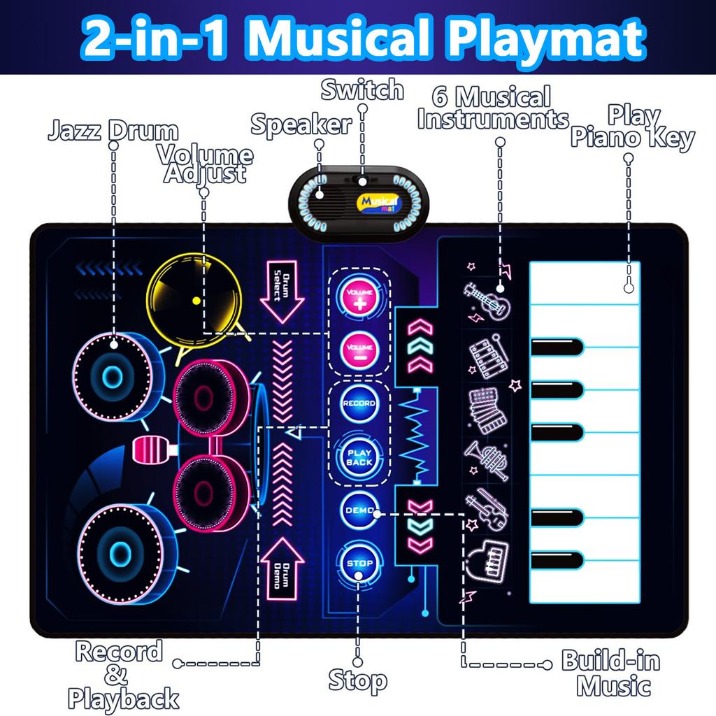 Alfombra de Piano, Alfombra Sensorial Musical de Juego Teclado de Piano y Batería de Jazz Alfombra de Piano Musical con 2 Baquetas para Niños Regalo de Educación Musical