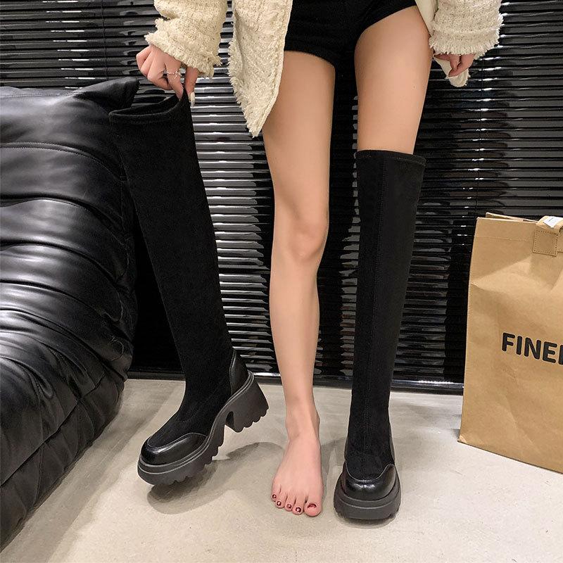Small thick-soled high-heeled elastic thin socks boots 2025 autumn and winter new retro Maillard knee boots women