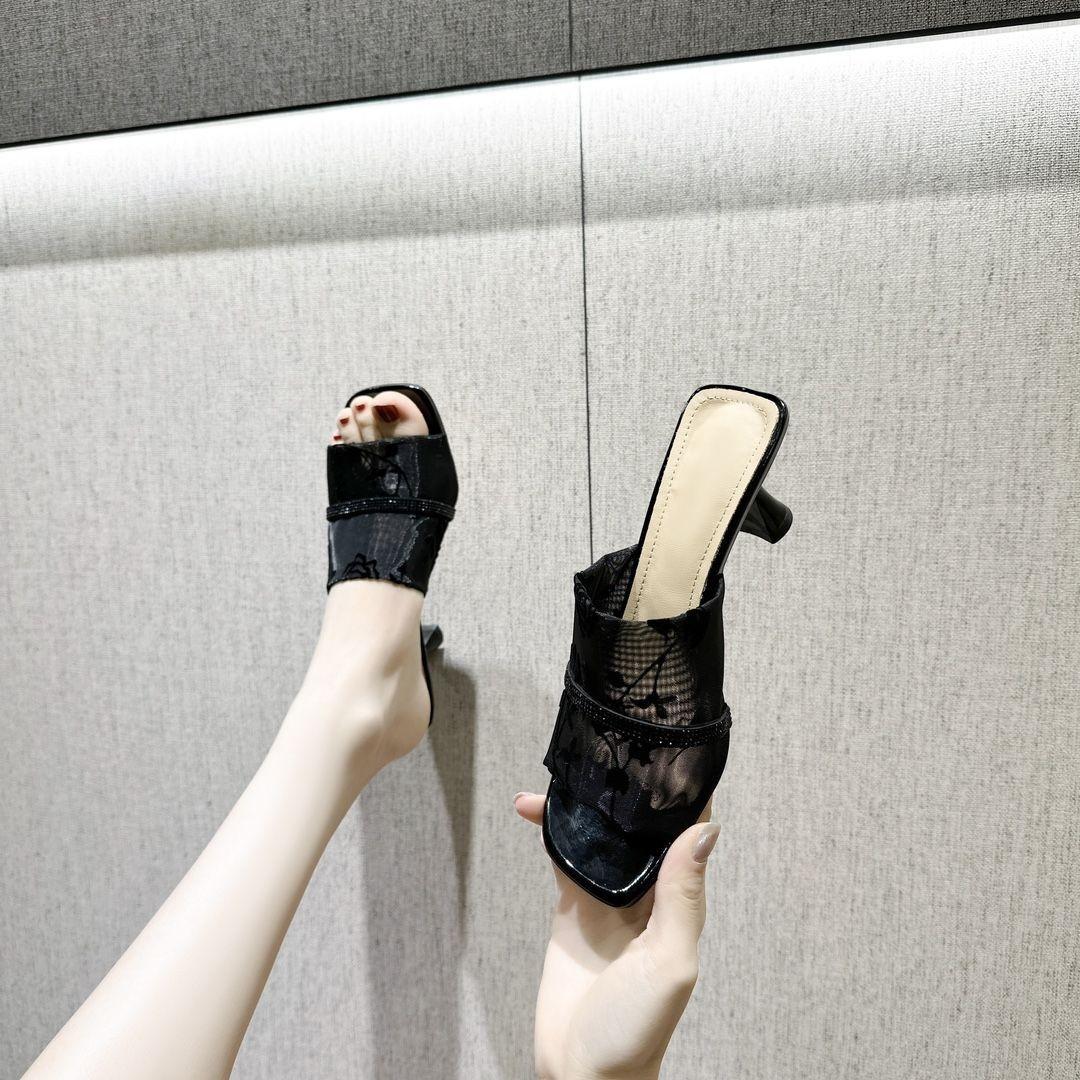 

Fashion Printed Design Slippers Fashion Women s High Heels Slippers Summer Open Toe High Heel Sandals Mesh Yarn Flower High Heels Slides 34 чёрный