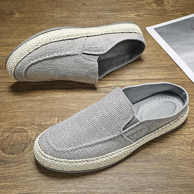 Fashion Men Casual Shoes Slip on Lightweight Loafers Half Slippers Men Sandals Breathable Canvas Fisherman Linen Cloth Loafers Summer