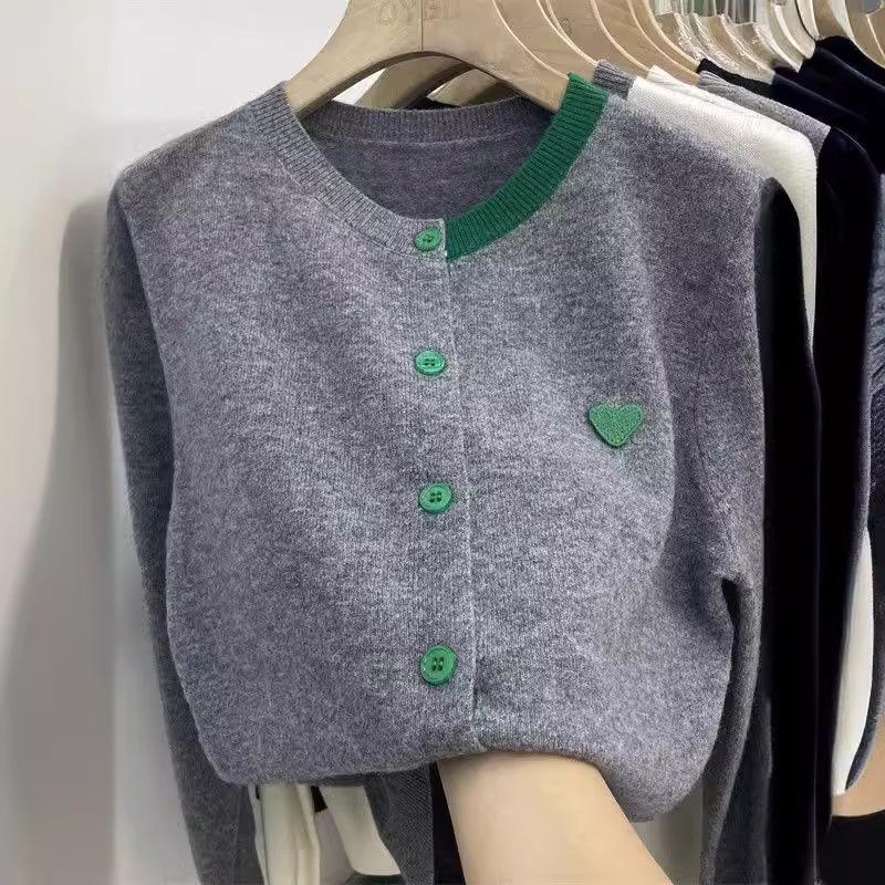 

Повседневный круглый вырез контрастный свитер женское пальто осень и зима свободная вышивка Love Fashion вязаный кардиган S серый