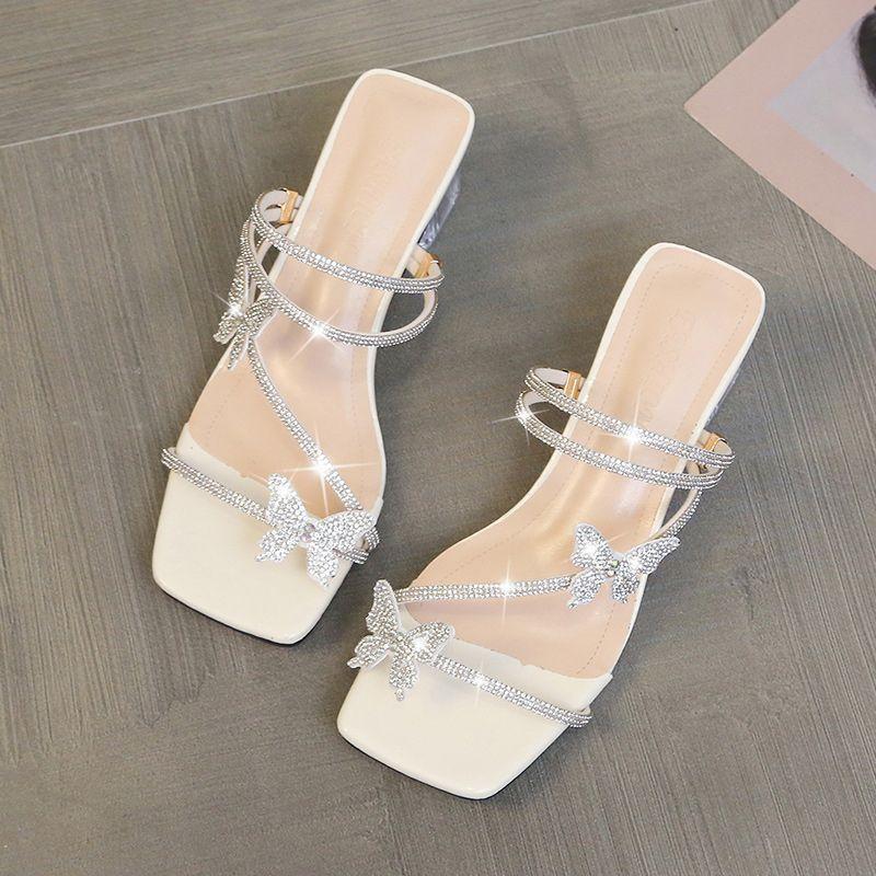 

Хрустальные стразы бабочка толстый каблук два способа ношения набор шлепанцы сандалии лето новая мода женщины 40 бежевый