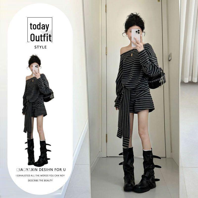 2026 Retro Striped Two-piece Set: Off-shoulder Tie-up Top & High-waisted A-line Shorts for Women Medium