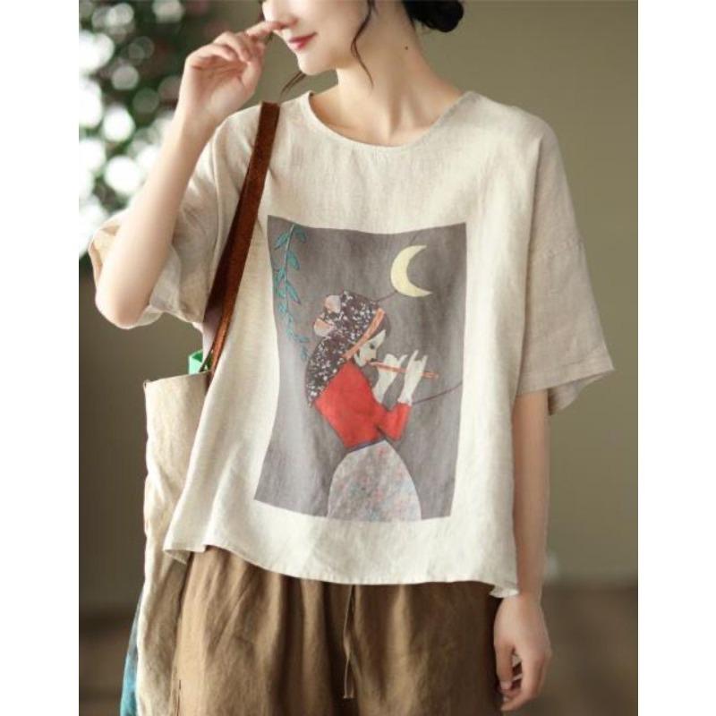 YYFS Women's Fashion Casual Summer Spring Flower Pattern Print 1/2 Sleeves O-Neck Blouses & Shirts