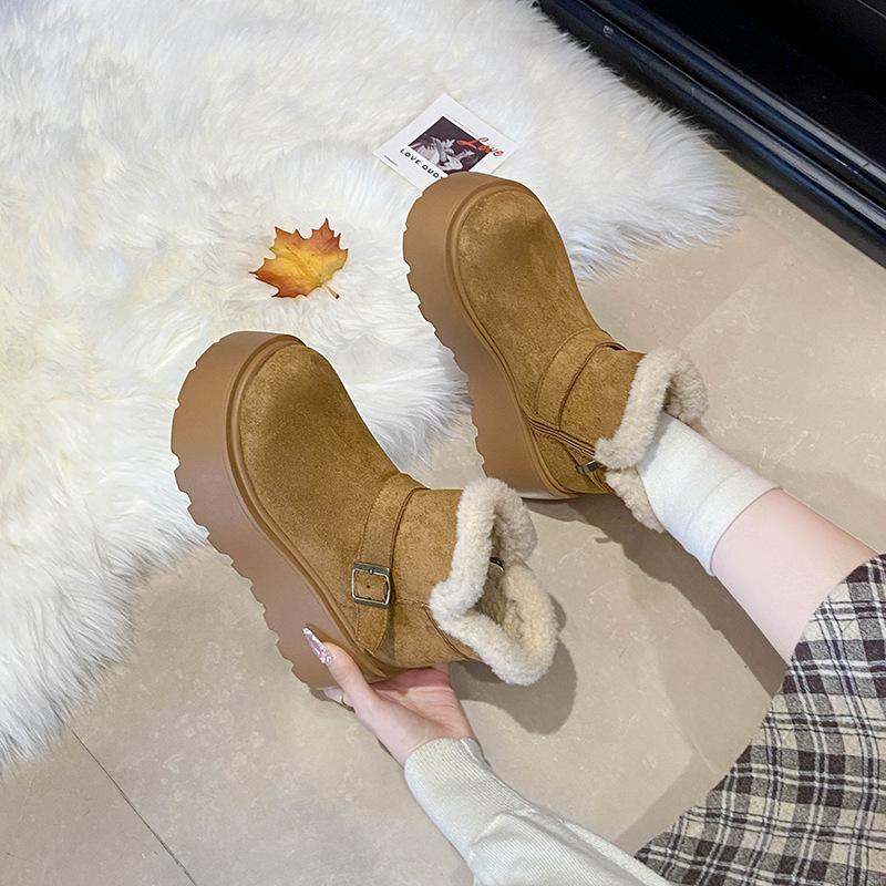 Women's Fashion Retro Lightweight Height-enhancing Soft Sole Winter Warm Fur One Snow Boots Velvet Lined Non-slip Casual Sports Cotton Boots