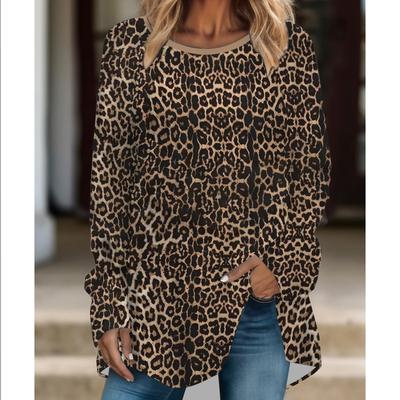 Plus Size Women Fashionable Personality  Leopard Printed Comfy Long Sleeve Round Collar T-shirt Casual Baggy Mid Length Tee Tops