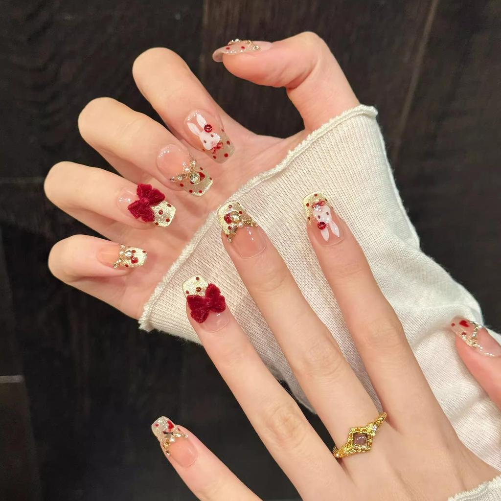 2026 New Year War Horse: Handmade Cat Eye Bowknot Heart Nail Art Tips