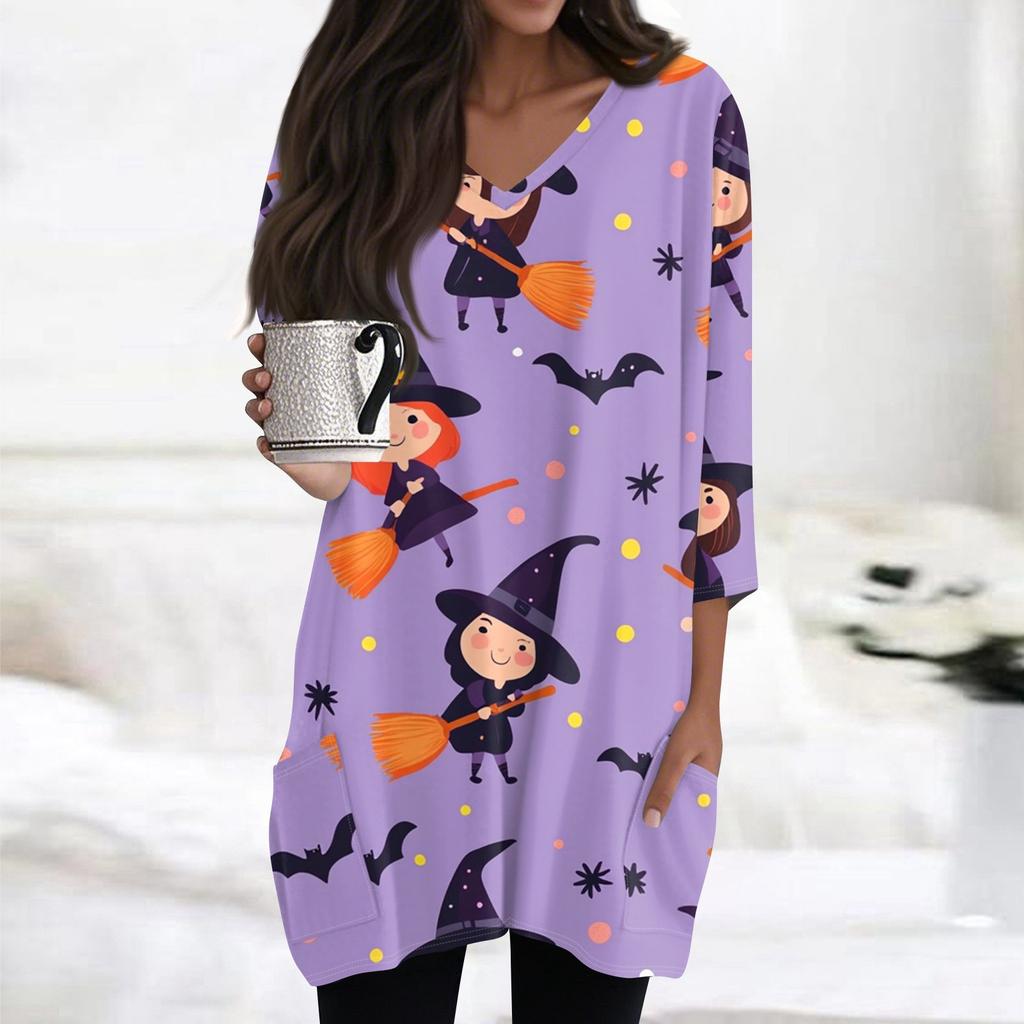 Womens Tops V-neck 3/4 Sleeve Blouses Casual Mid-length Shirts Fashion Halloween Print Tunic Tops With Pockets