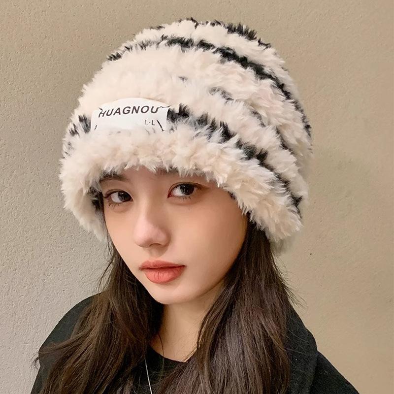 New Autumn and Winter Plush Hat for Women Korean Style Versatile Warm Thickened Cute Knitted Hat Showing Face Small Plus Velvet Snow Hat